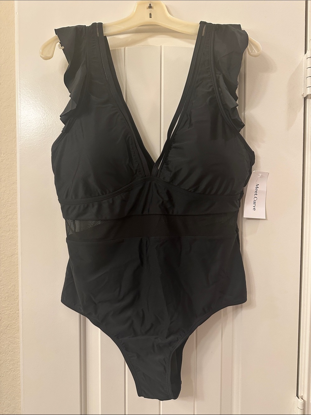 Black Ruffled Mesh Waist One-Piece Swimsuit